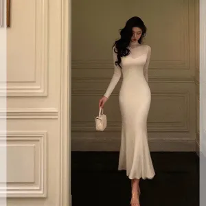 Gentle high-neck knitted dress for women new French mermaid long dress      S5541