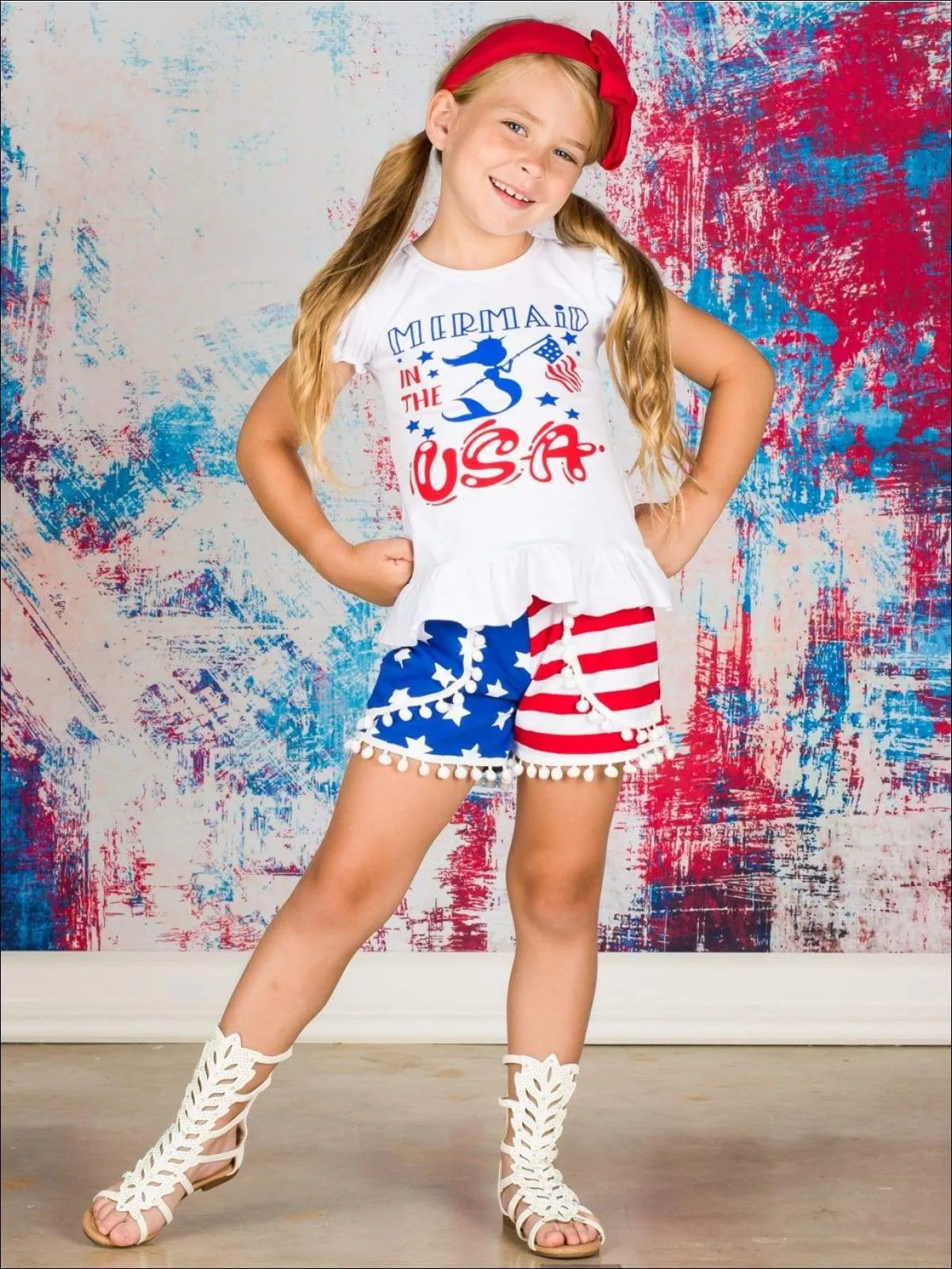 Girls 4th of July Themed "Mermaid in the USA" Ruffled Top & American Flag Print Pom Pom Shorts Set