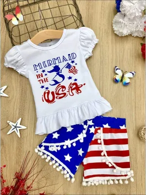 Girls 4th of July Themed "Mermaid in the USA" Ruffled Top & American Flag Print Pom Pom Shorts Set