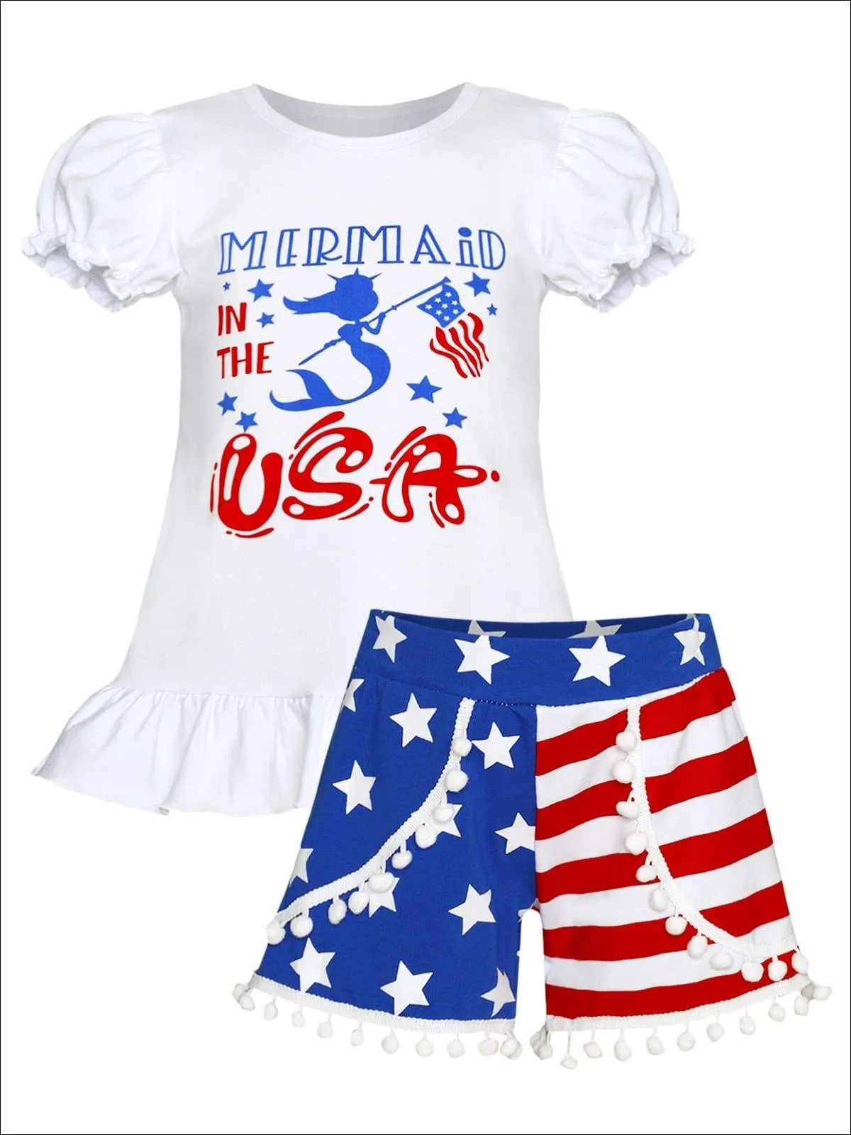 Girls 4th of July Themed "Mermaid in the USA" Ruffled Top & American Flag Print Pom Pom Shorts Set