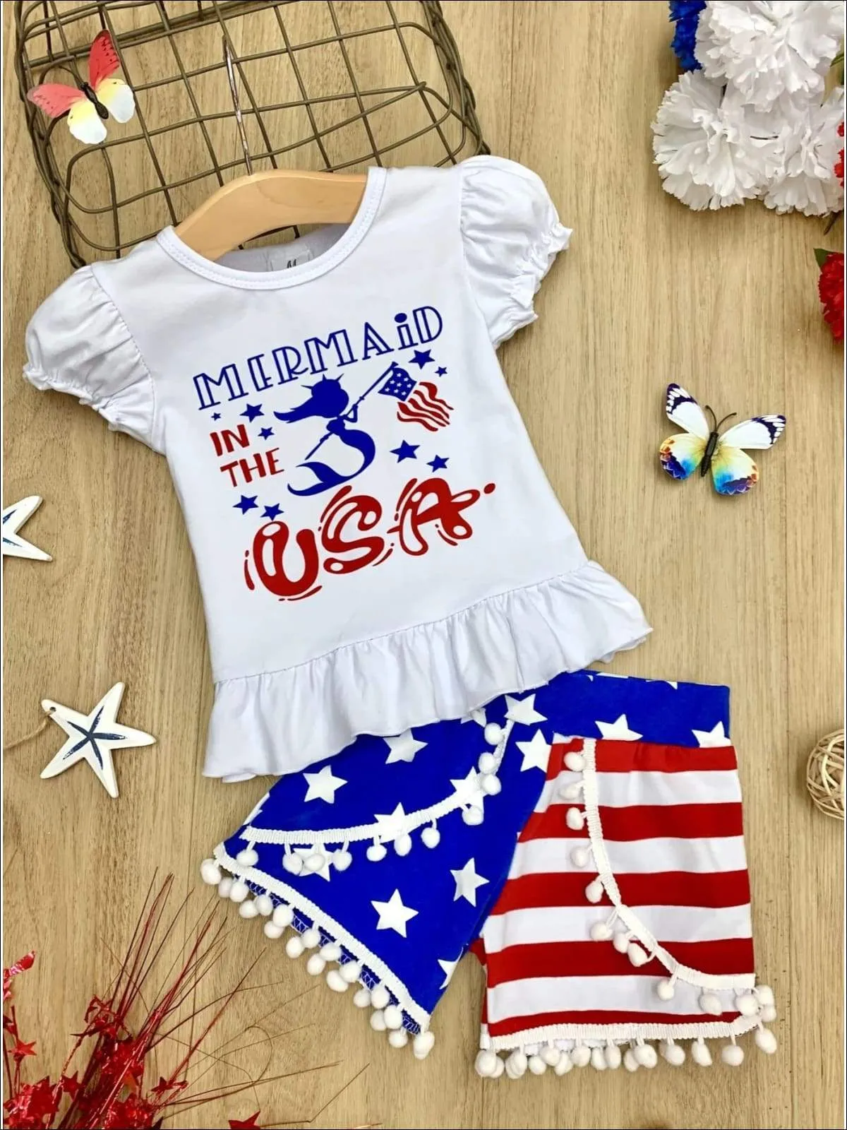 Girls 4th of July Themed "Mermaid in the USA" Ruffled Top & American Flag Print Pom Pom Shorts Set