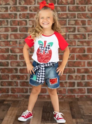 Girls Bite Me Raglan Top and Denim Shorts Set with Sash