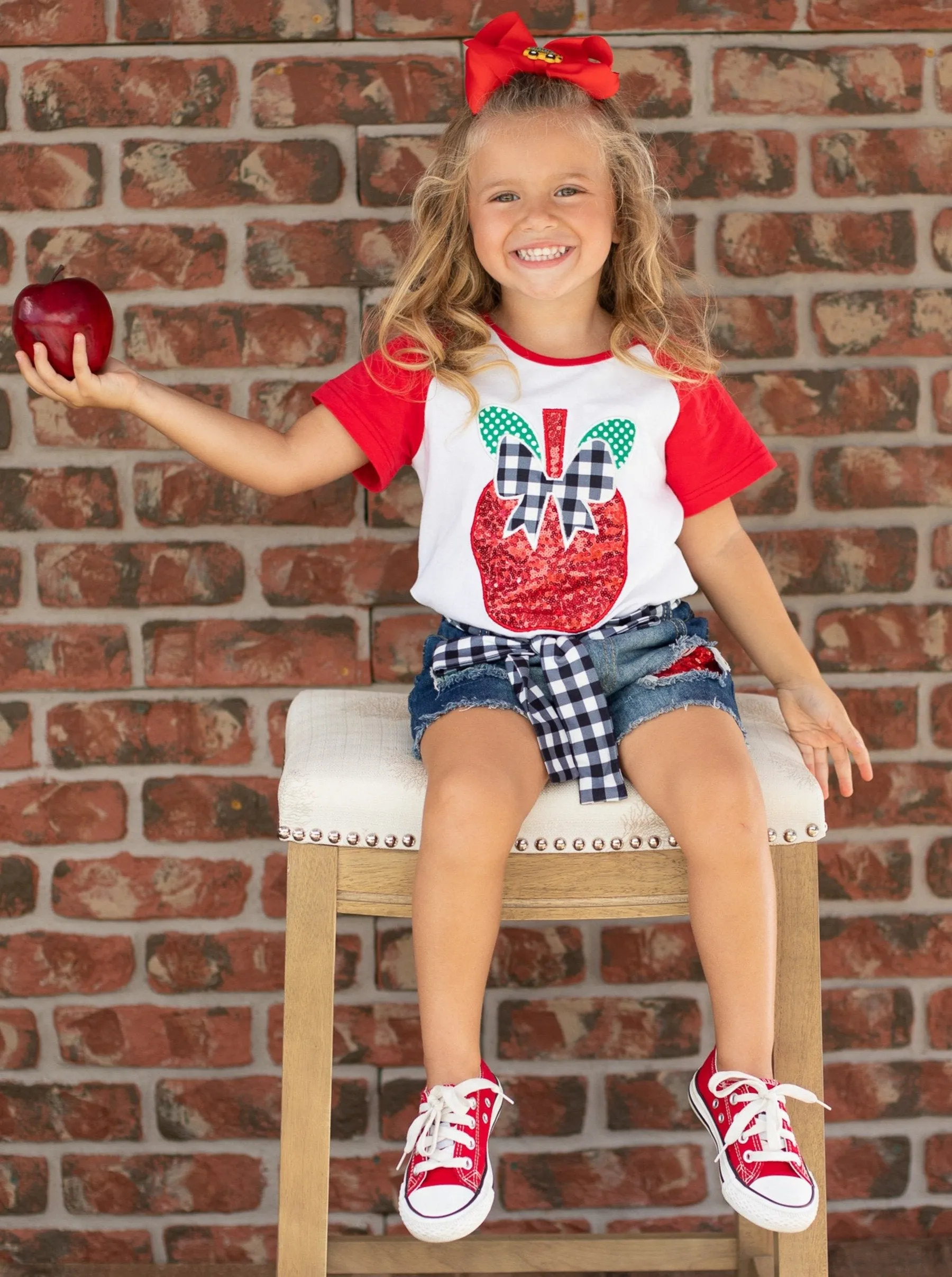 Girls Bite Me Raglan Top and Denim Shorts Set with Sash