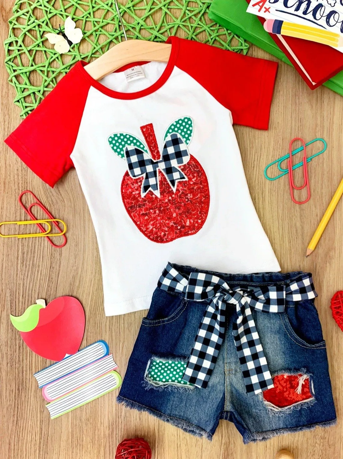 Girls Bite Me Raglan Top and Denim Shorts Set with Sash