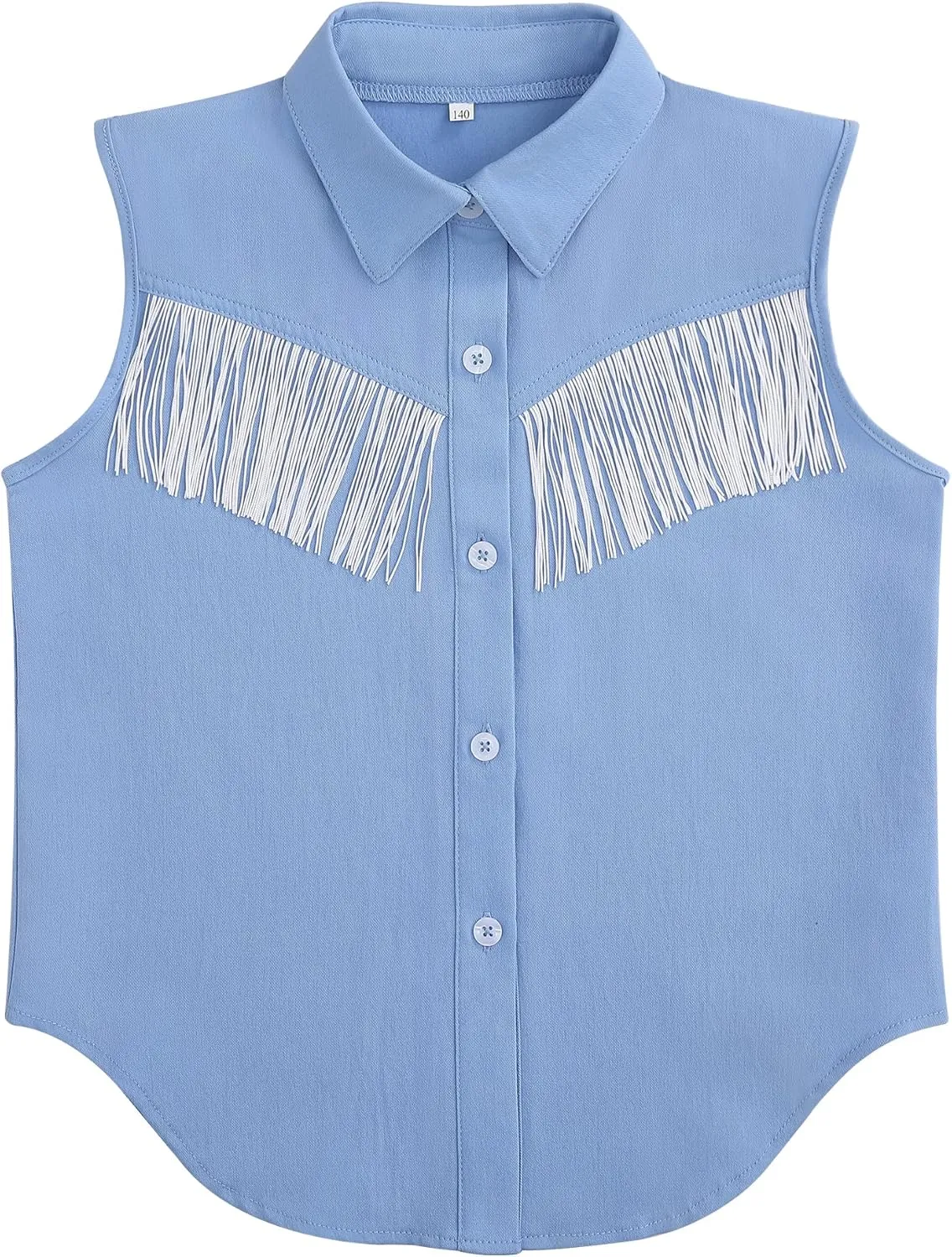 Girls Fringe Shirt Sleeveless Button Down Western Cowgirl Tassel Trim Casual Blouse Shirt Top 4-13Y