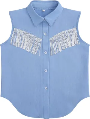 Girls Fringe Shirt Sleeveless Button Down Western Cowgirl Tassel Trim Casual Blouse Shirt Top 4-13Y