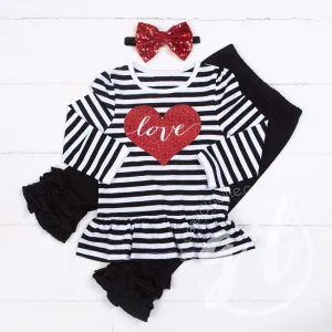 Heart Full of LOVE Ruffled Hem Striped Top, Black Ruffled Hem Leggings Outfit & Red Bow Headband
