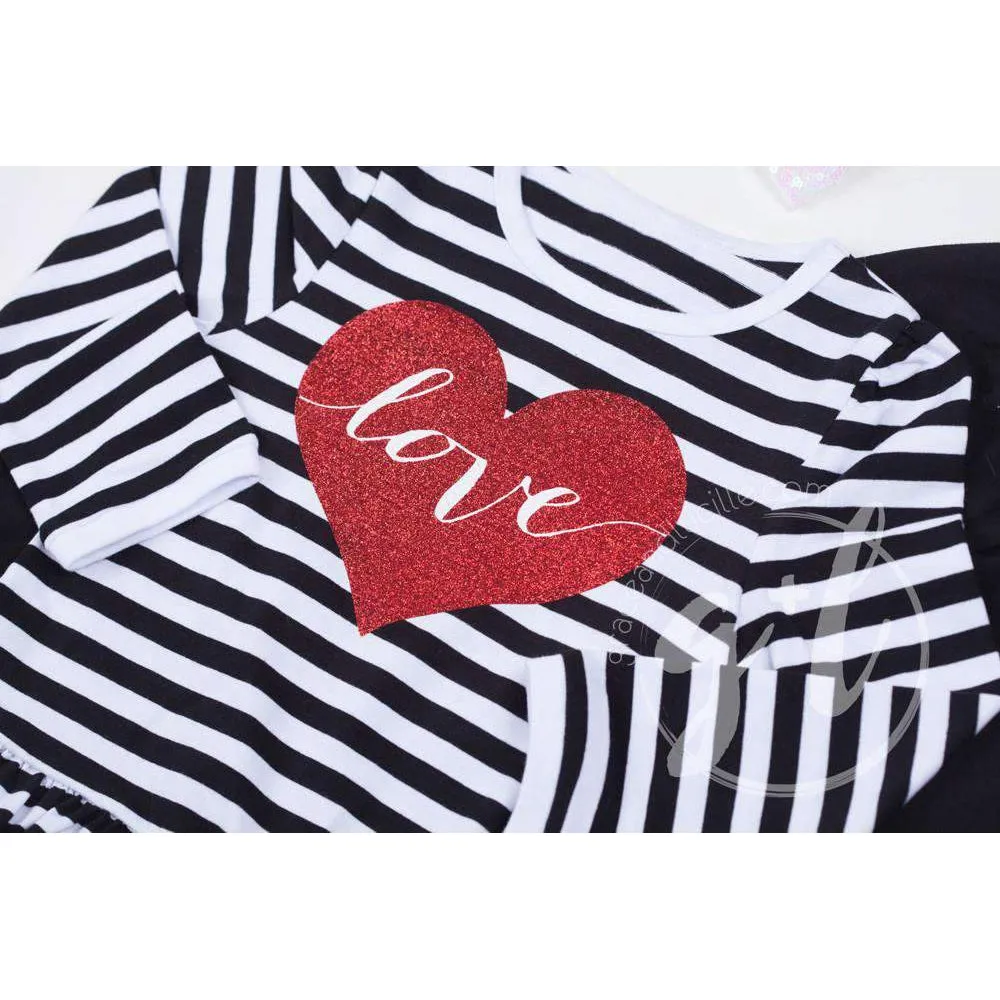 Heart Full of LOVE Ruffled Hem Striped Top, Black Ruffled Hem Leggings Outfit & Red Bow Headband