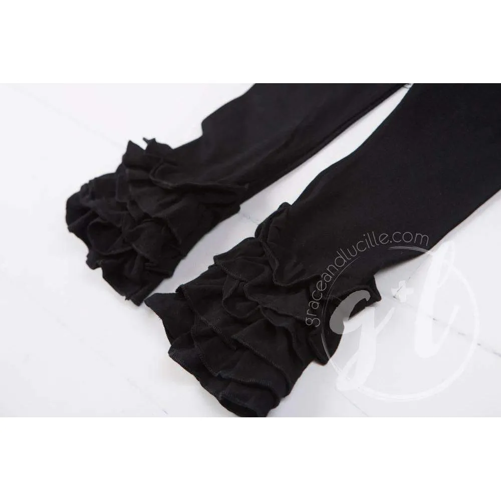 Heart Full of LOVE Ruffled Hem Striped Top, Black Ruffled Hem Leggings Outfit & Red Bow Headband