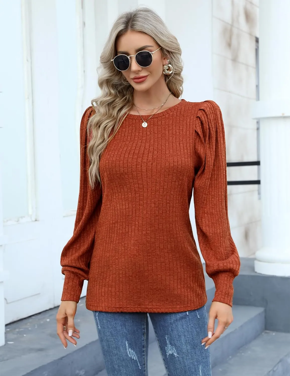 HOTOUCH Women's Knit Blouse Soft Puff Long Sleeve Shirt Tops Lightweight Round Neck Pullover Sweater S-XXL
