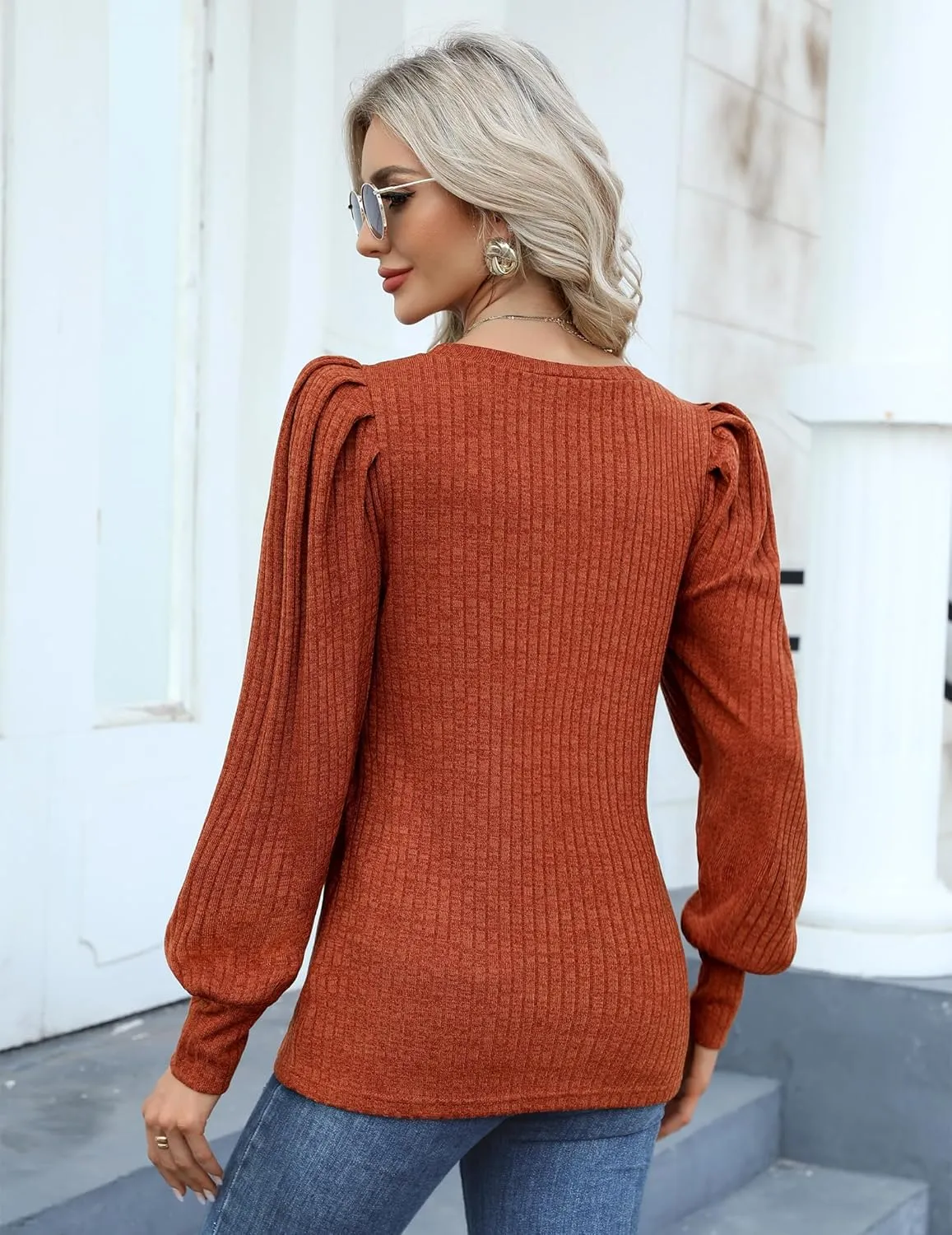 HOTOUCH Women's Knit Blouse Soft Puff Long Sleeve Shirt Tops Lightweight Round Neck Pullover Sweater S-XXL