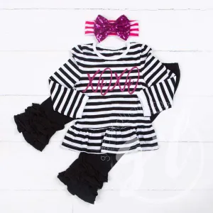 Hugs & Kisses Ruffle Hem Peplum Top & Leggings Outfit , Black Stripe, Black Ruffled Hem Leggings