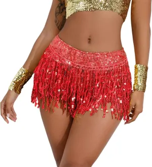 IWEMEK Belly Dance Hip Skirt Women Sequin Tassel Skirts Shorts Booty Dance Festival Bottoms Sequin Skirt with Sparkly Fringe