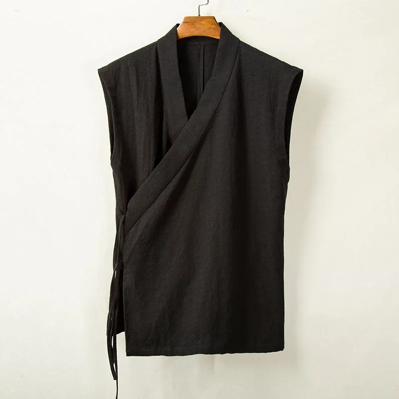 Japanese Style Large Slanted Breasted Waistcoat Vest Loose Thin Cotton Linen Vest