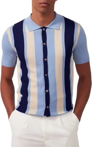 Kallspin Men's Vintage Knit Polo Shirt Short Sleeve Striped Button Down Knitting Golf Shirts