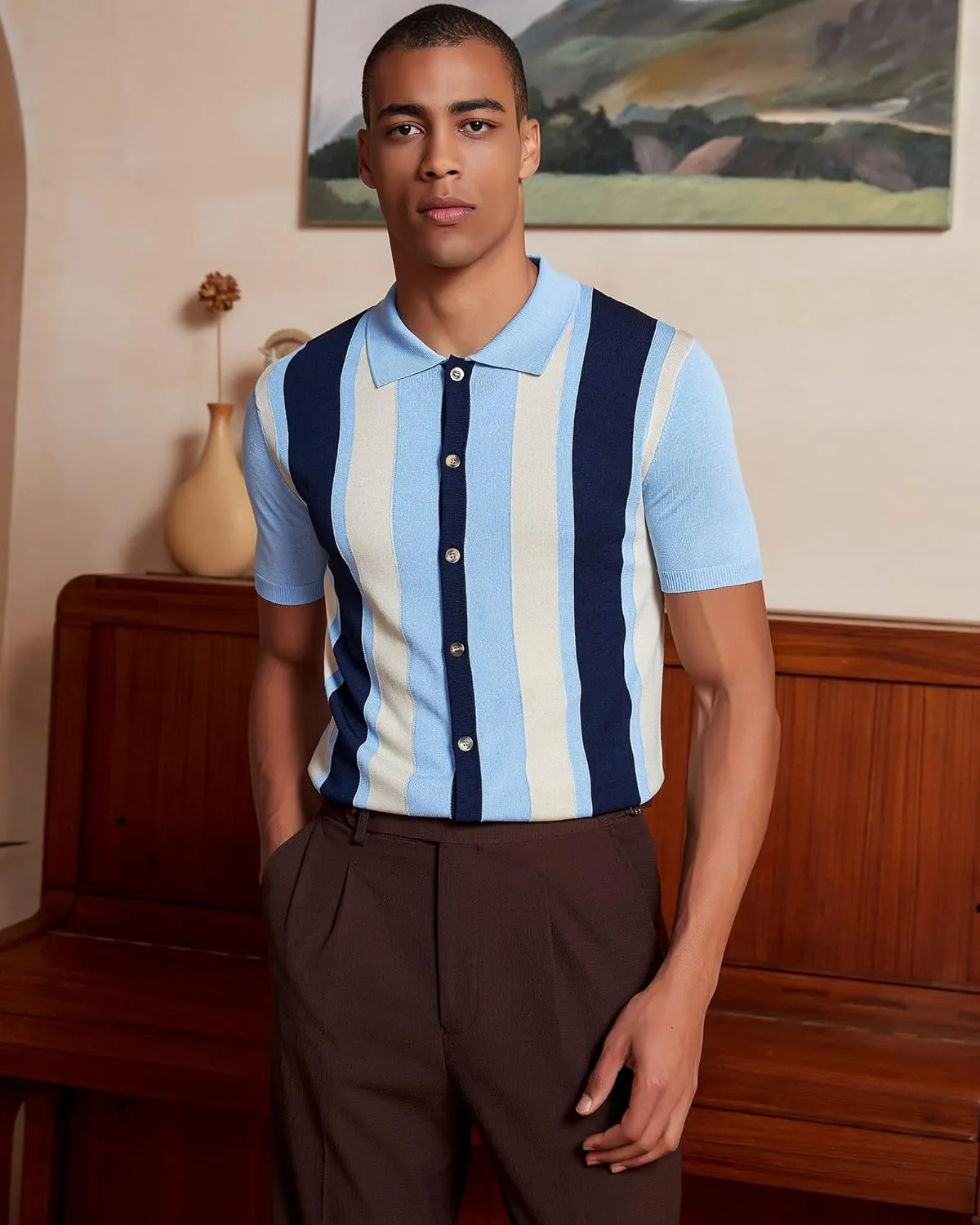 Kallspin Men's Vintage Knit Polo Shirt Short Sleeve Striped Button Down Knitting Golf Shirts