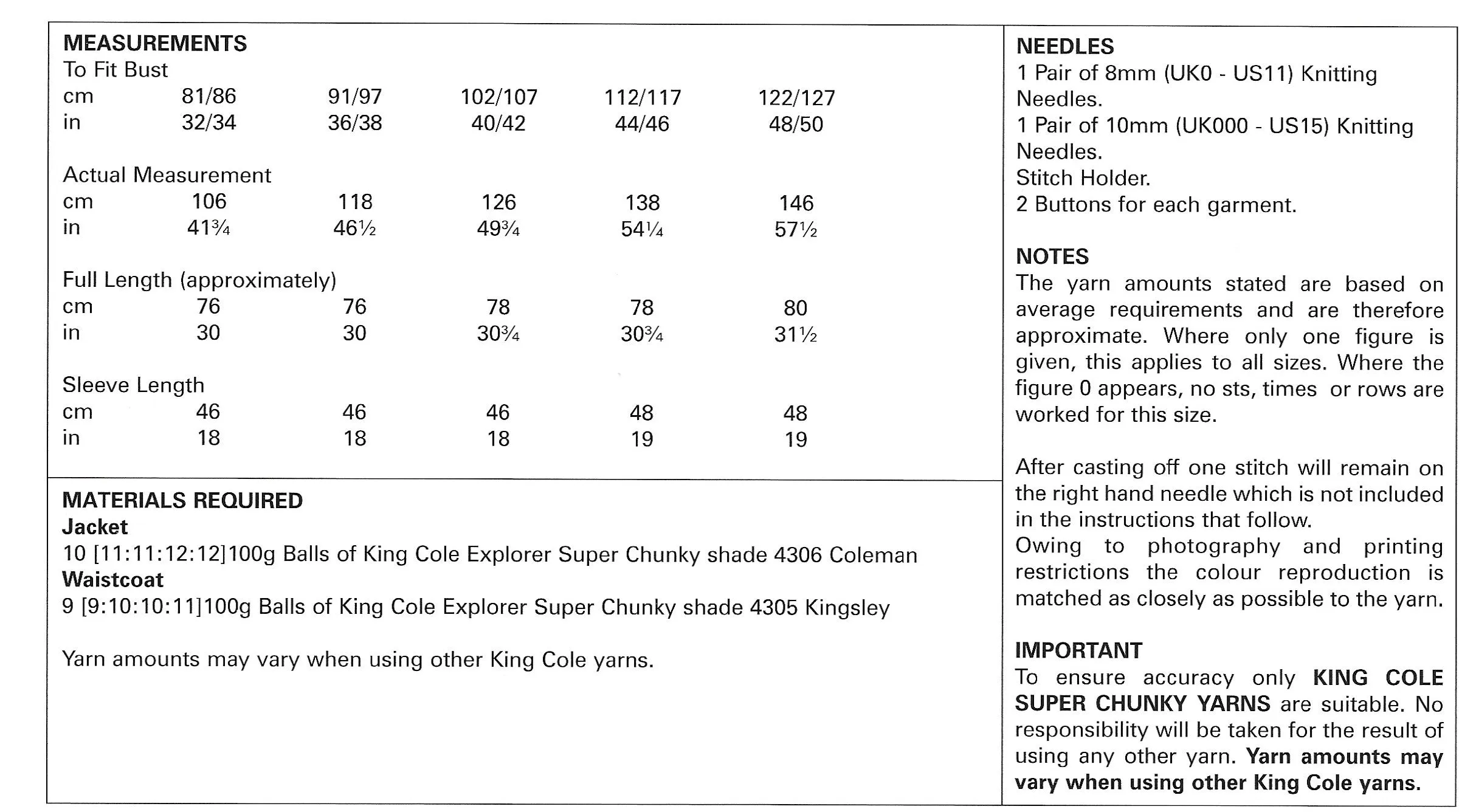 King Cole 5841 Jacket and Waistcoat Easy Knit Larger Sizes Super Chunky Knitting Pattern