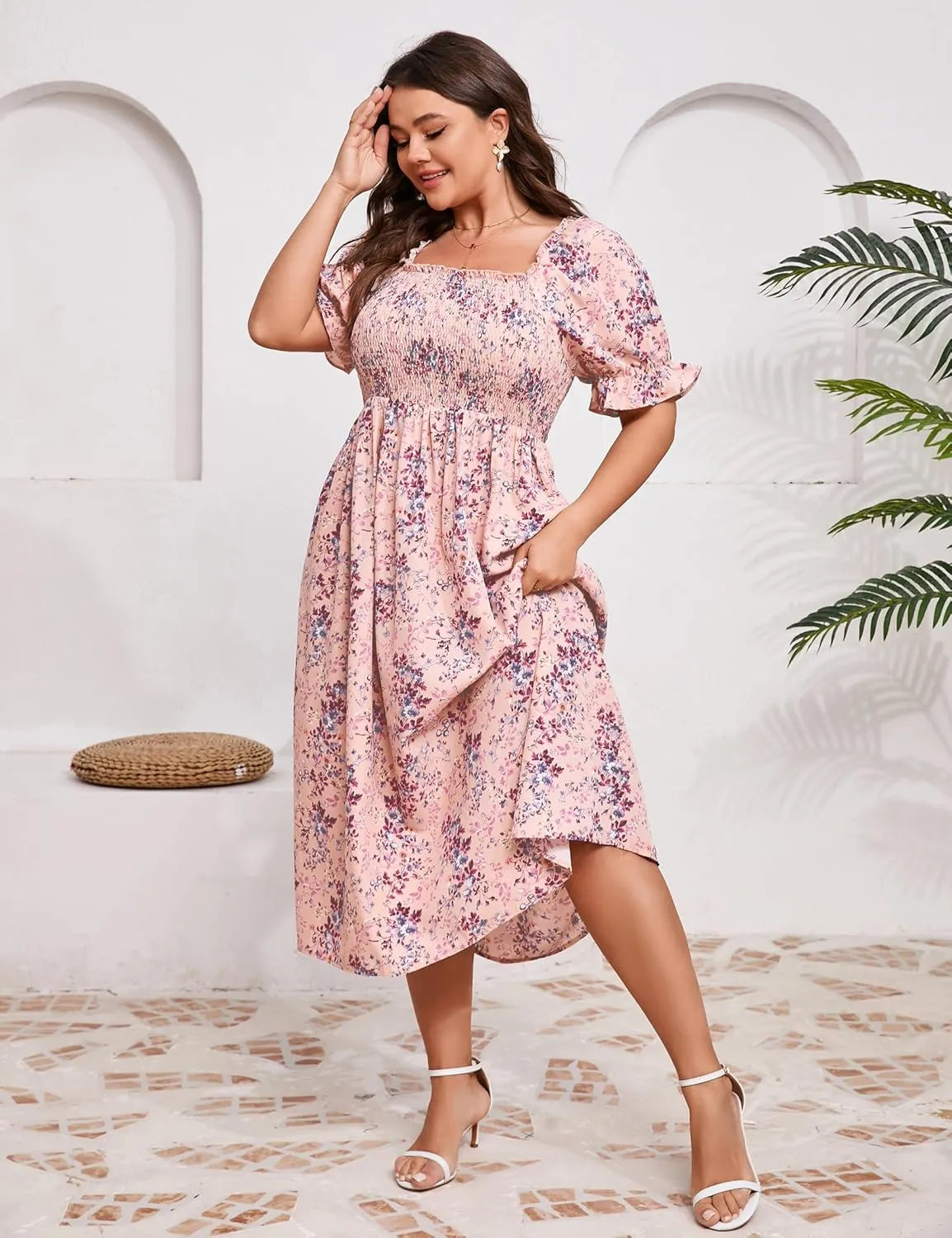 KOJOOIN Womens Puff Sleeve Summer Floral Dress Plus Size Smocked Ruffle Square Neck Casual Dress Cute Midi Dress