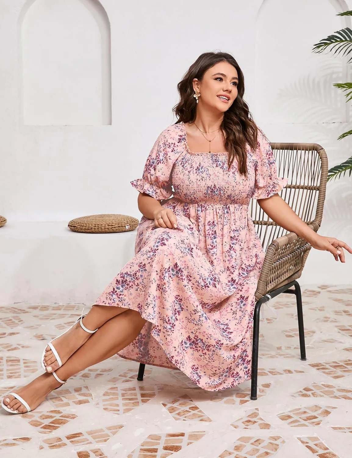 KOJOOIN Womens Puff Sleeve Summer Floral Dress Plus Size Smocked Ruffle Square Neck Casual Dress Cute Midi Dress