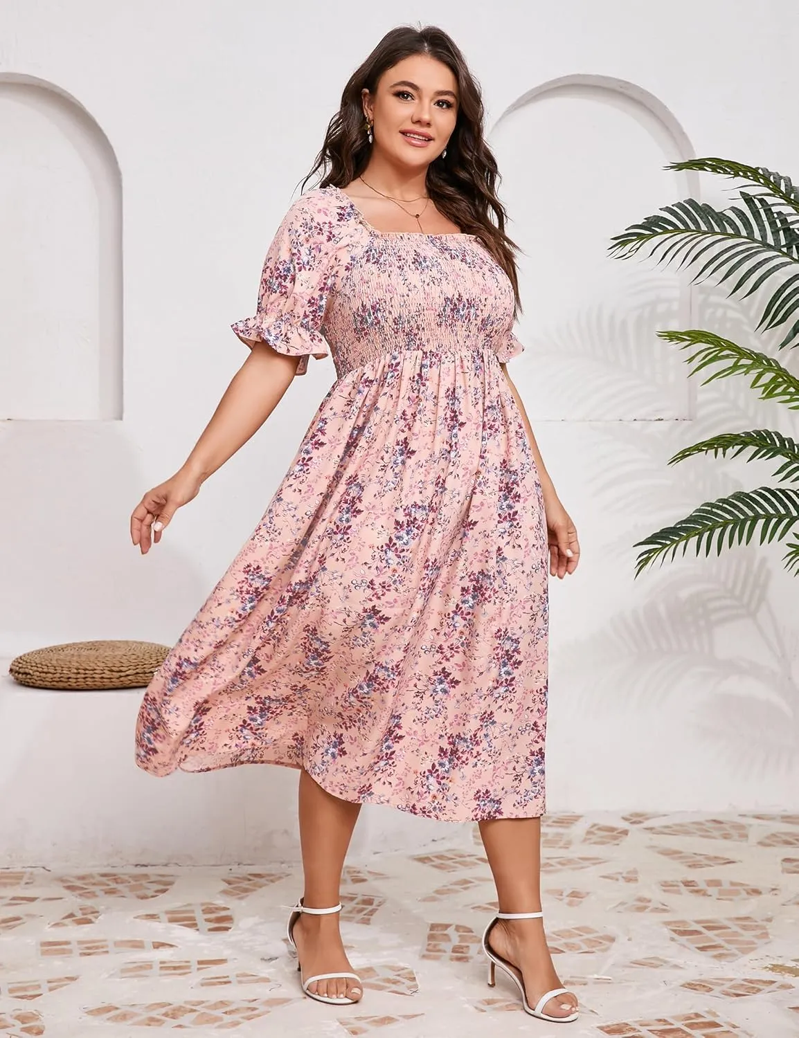 KOJOOIN Womens Puff Sleeve Summer Floral Dress Plus Size Smocked Ruffle Square Neck Casual Dress Cute Midi Dress