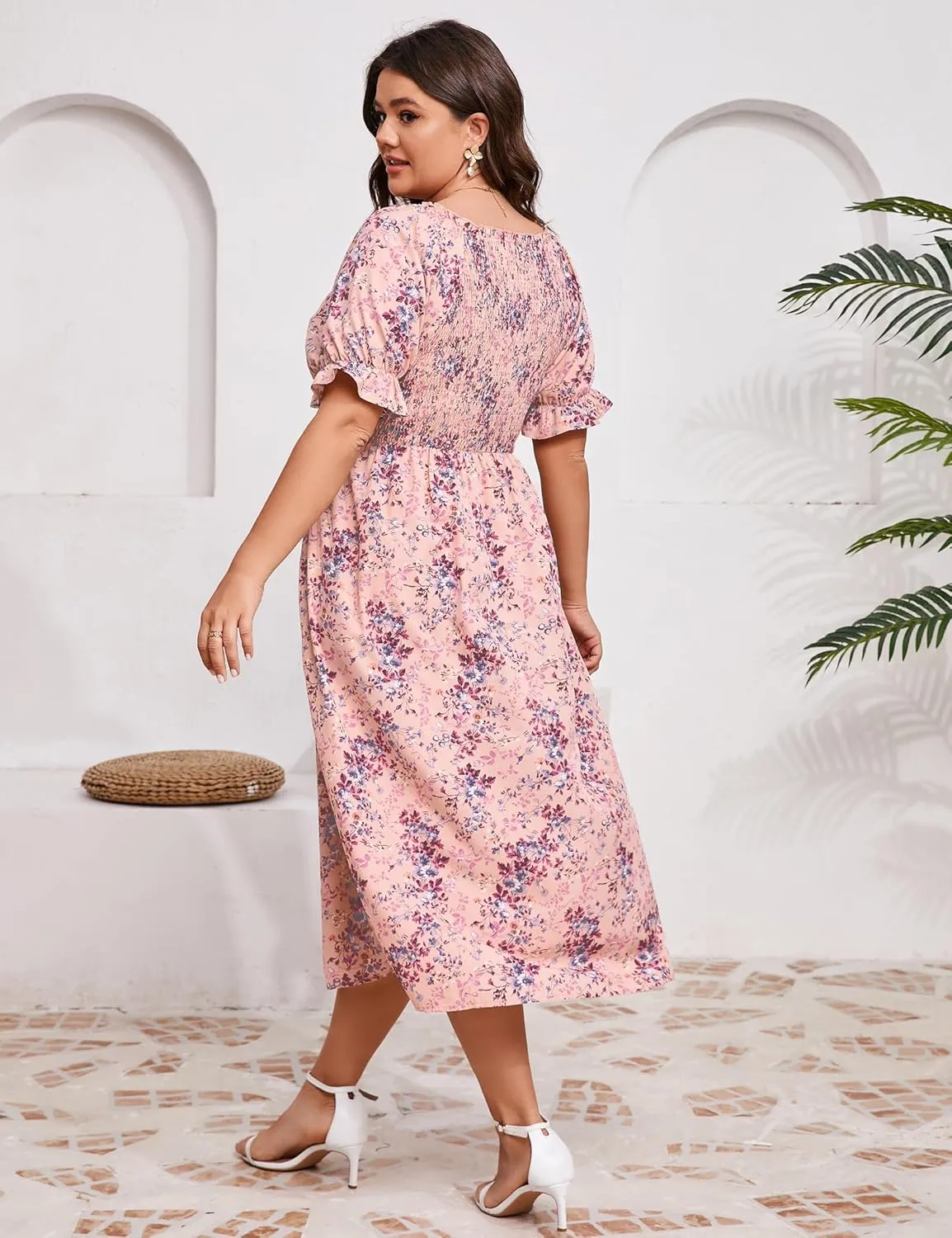 KOJOOIN Womens Puff Sleeve Summer Floral Dress Plus Size Smocked Ruffle Square Neck Casual Dress Cute Midi Dress