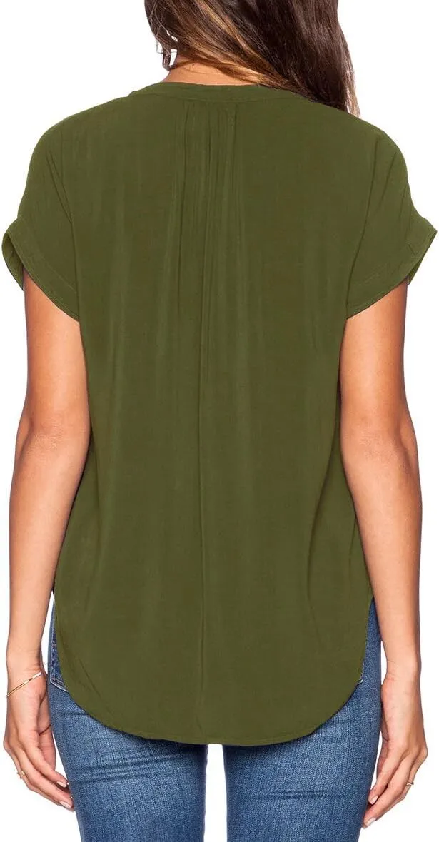 LILBETTER Women Chiffon Blouse V Neck Short Sleeve Top Shirts