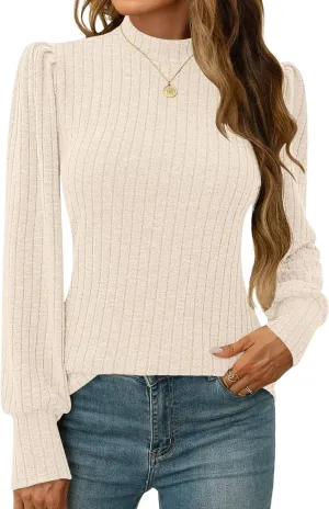 LOMON Women's Puff Long Sleeve Mock Neck Blouse Casual Lightweight Knit Shirts Dressy Work Tunic Tops