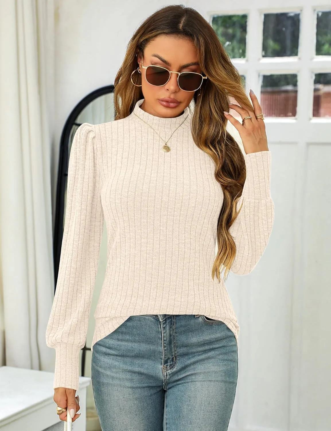 LOMON Women's Puff Long Sleeve Mock Neck Blouse Casual Lightweight Knit Shirts Dressy Work Tunic Tops