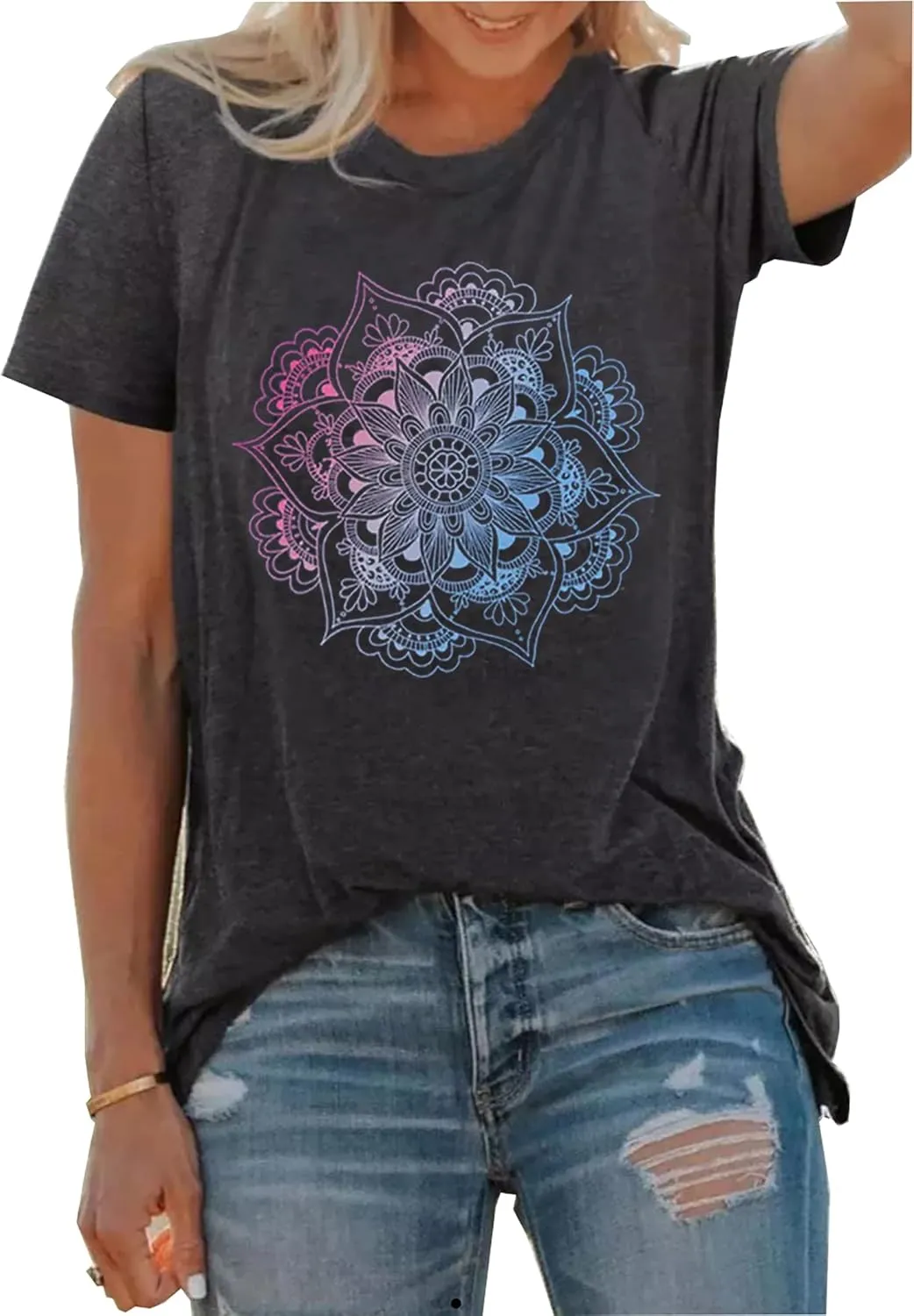 Mandala Shirt for Women Lotus Flower Graphic Tees Short Sleeve Casual Mandala T Shirts Tops