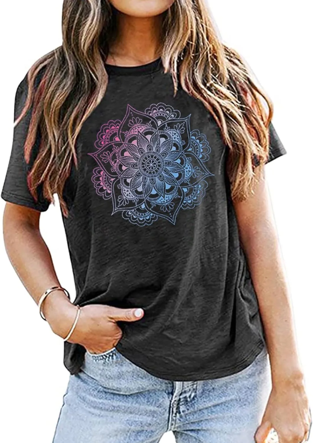 Mandala Shirt for Women Lotus Flower Graphic Tees Short Sleeve Casual Mandala T Shirts Tops