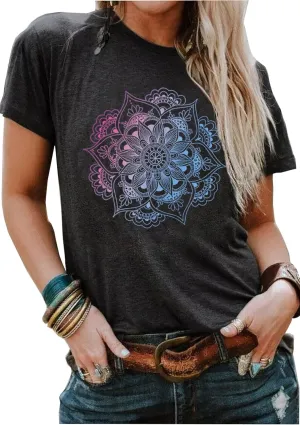 Mandala Shirt for Women Lotus Flower Graphic Tees Short Sleeve Casual Mandala T Shirts Tops