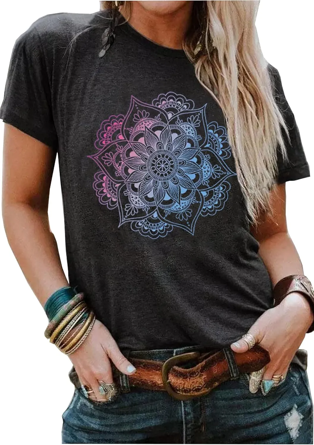 Mandala Shirt for Women Lotus Flower Graphic Tees Short Sleeve Casual Mandala T Shirts Tops