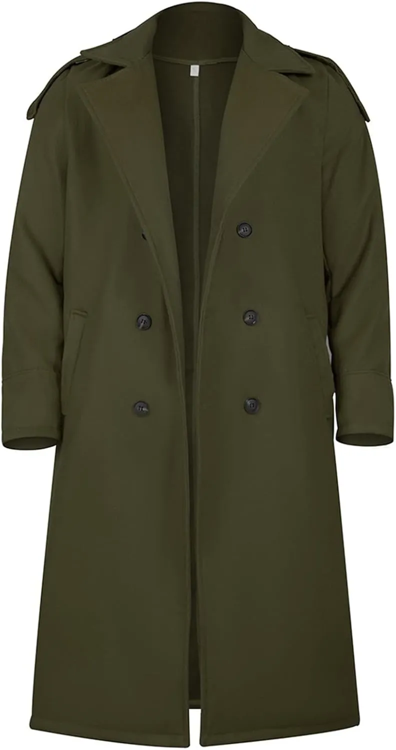 Mens Trench Coat Wool Blend Notched Collar Single Breasted Long Jacket Slim Fit Knee Length Winter Overcoat