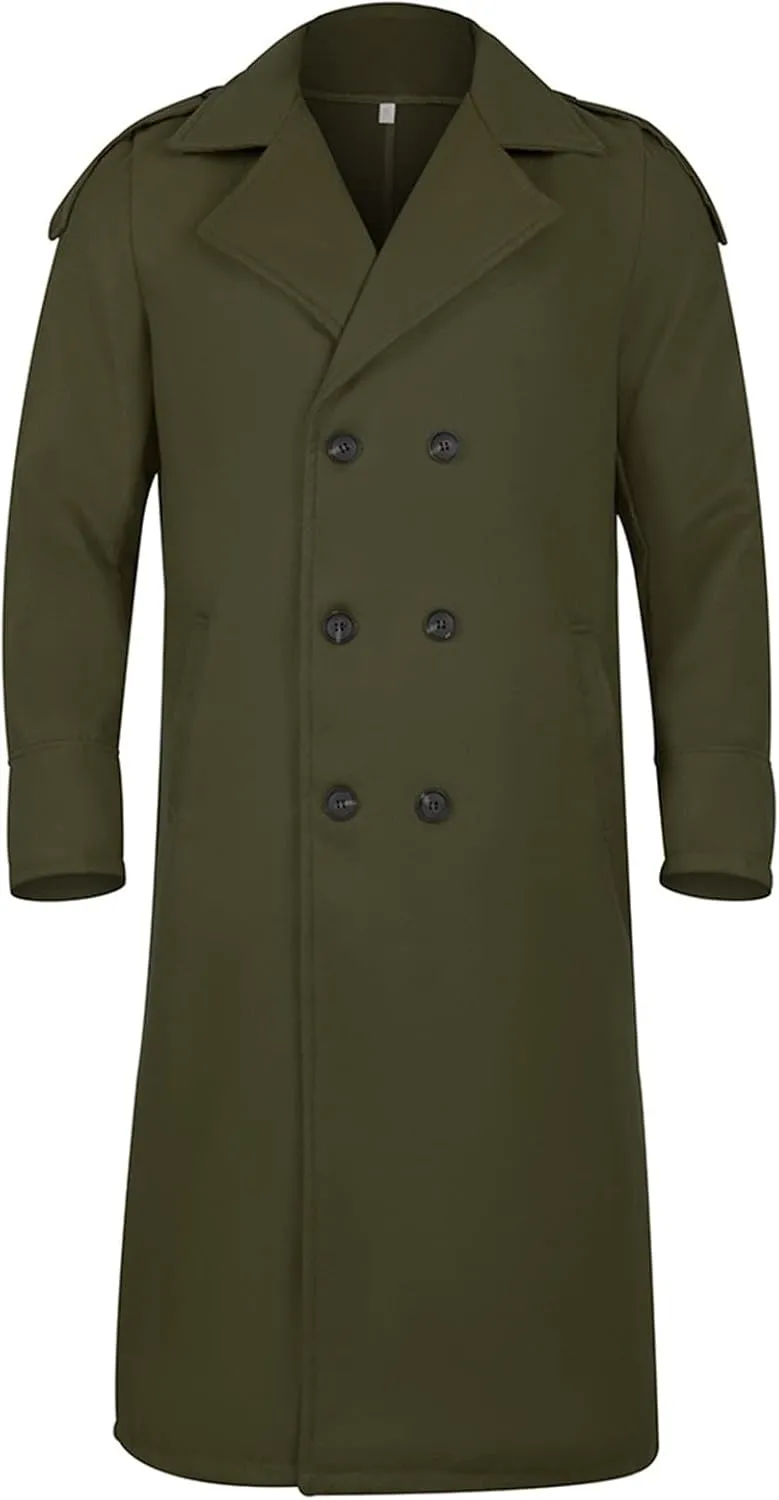 Mens Trench Coat Wool Blend Notched Collar Single Breasted Long Jacket Slim Fit Knee Length Winter Overcoat