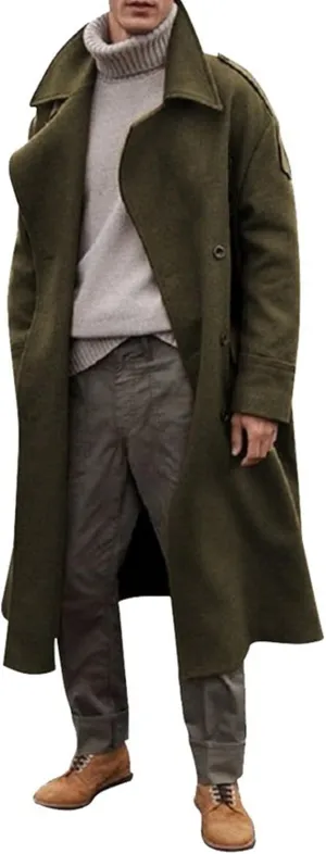 Mens Trench Coat Wool Blend Notched Collar Single Breasted Long Jacket Slim Fit Knee Length Winter Overcoat