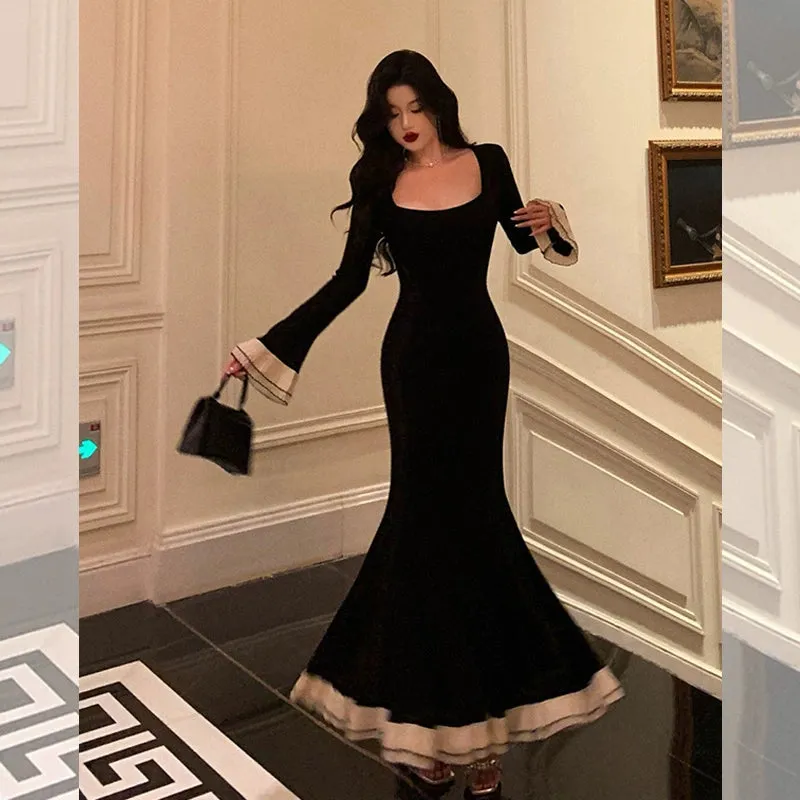 Mermaid dress for women retro square neck long dress party dress     S5698
