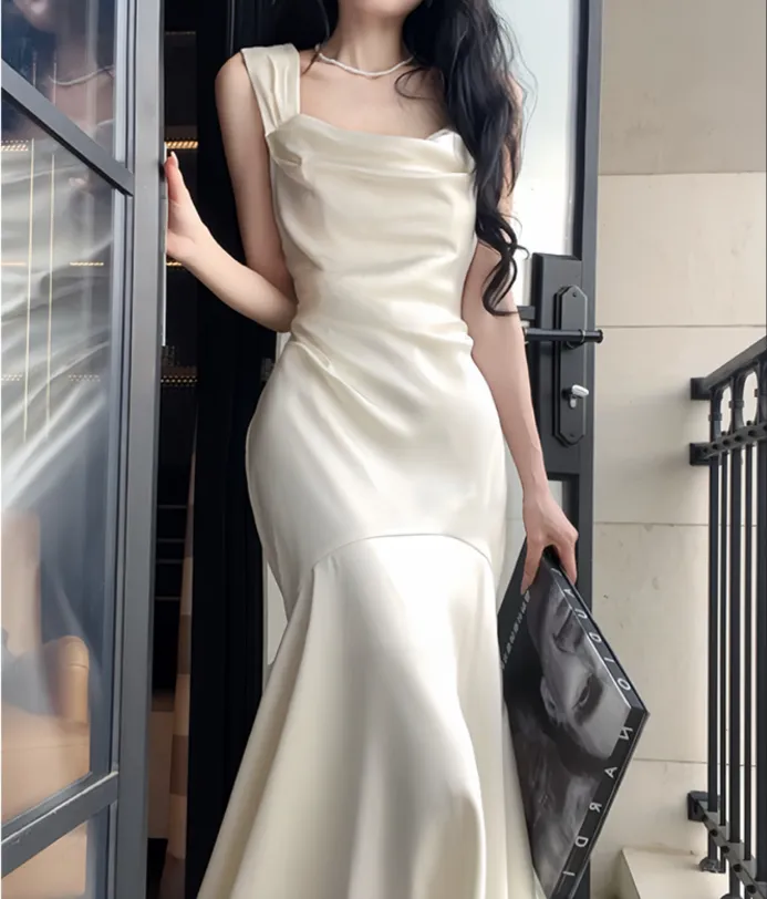 Mermaid satin white long dress engagement dress evening dress    S5941