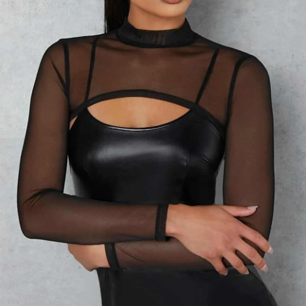 Mesh Crop Tops for Women Mock Neck Long Sleeve Crop Top See Through Shirt Top Sexy Clubwear