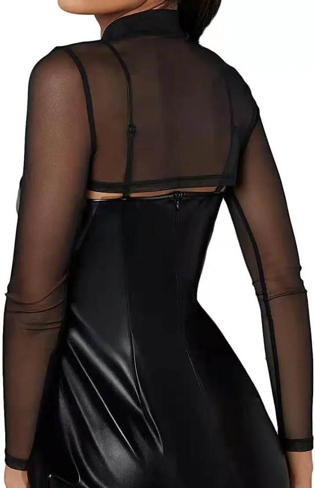 Mesh Crop Tops for Women Mock Neck Long Sleeve Crop Top See Through Shirt Top Sexy Clubwear