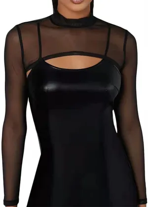 Mesh Crop Tops for Women Mock Neck Long Sleeve Crop Top See Through Shirt Top Sexy Clubwear