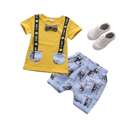 MOF Kids boys cartoon print bow tie T-shirt & shorts set