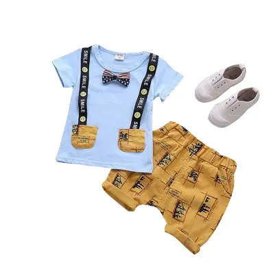 MOF Kids boys cartoon print bow tie T-shirt & shorts set