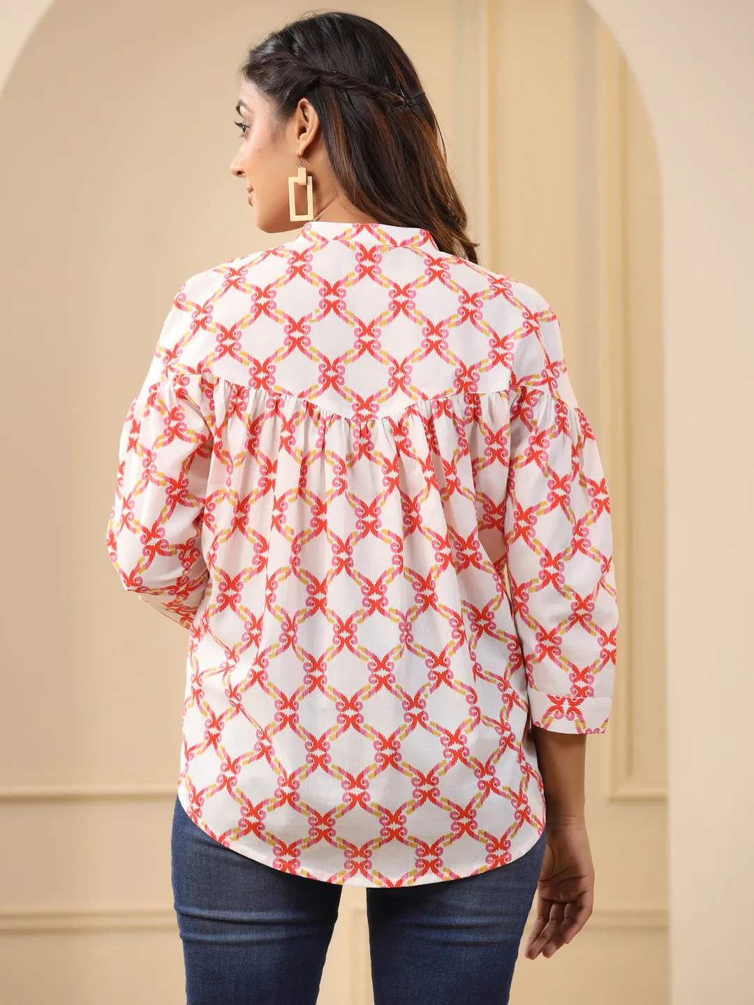 Orange Ikat Printed Tiered Cotton Loose Fit Top