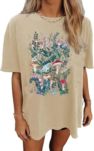 Oversized Vintage Wildflowers Shirt for Women Cute Butterfly Mushroom Graphic Shirt Casual Hippie 70s T-Shirt