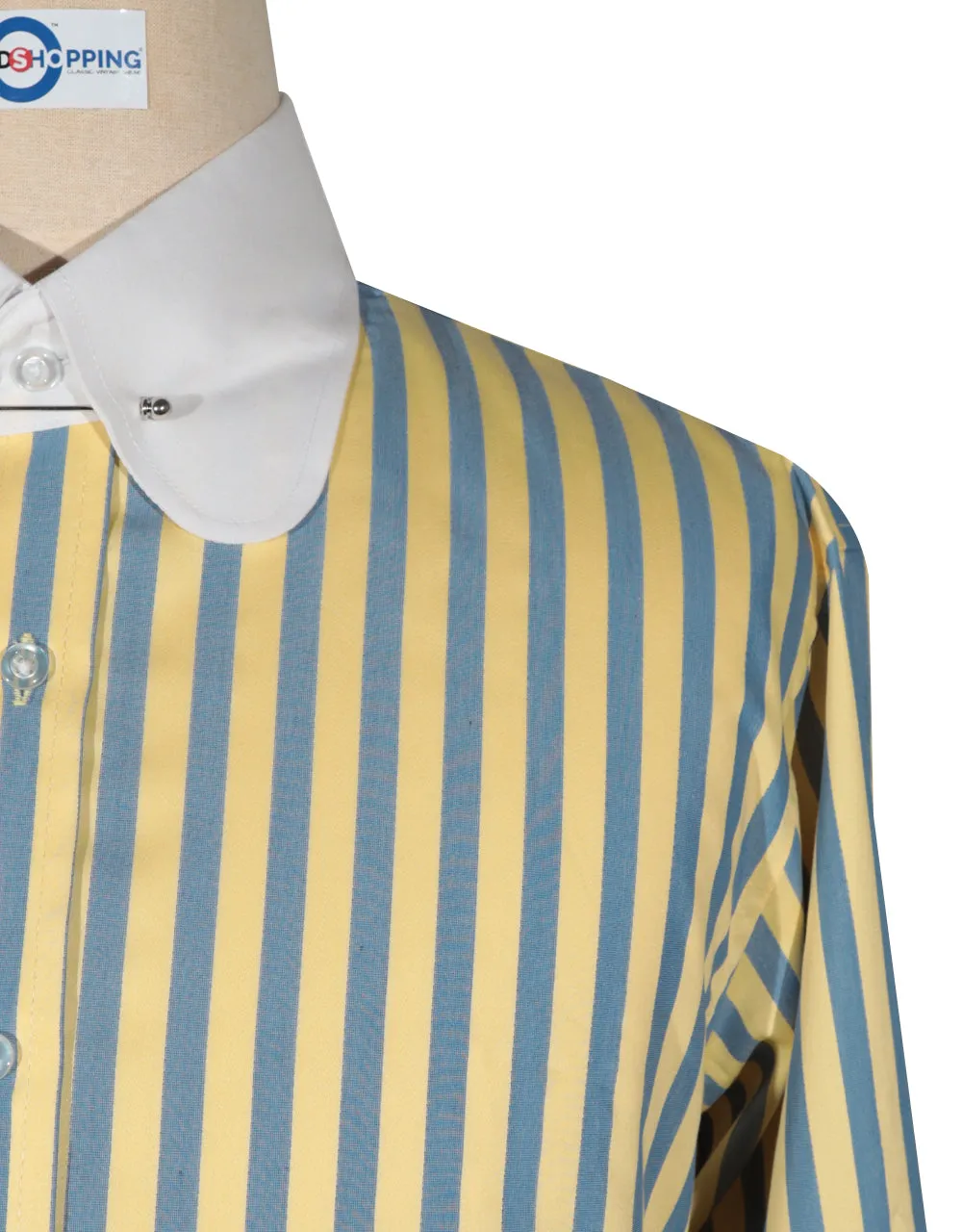 Penny Pin Collar Shirt - Yellow Blue and Navy Blue Stripe Shirt