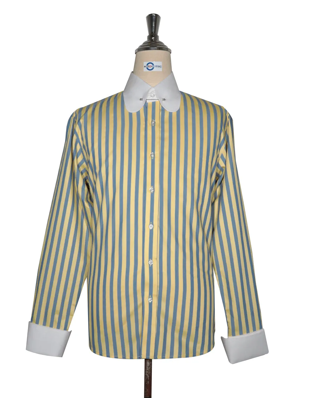 Penny Pin Collar Shirt - Yellow Blue and Navy Blue Stripe Shirt