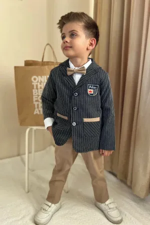 Pollito Boy's Dark Navy Blue Beige Striped Two Pocket Jacket 4-Piece Suit