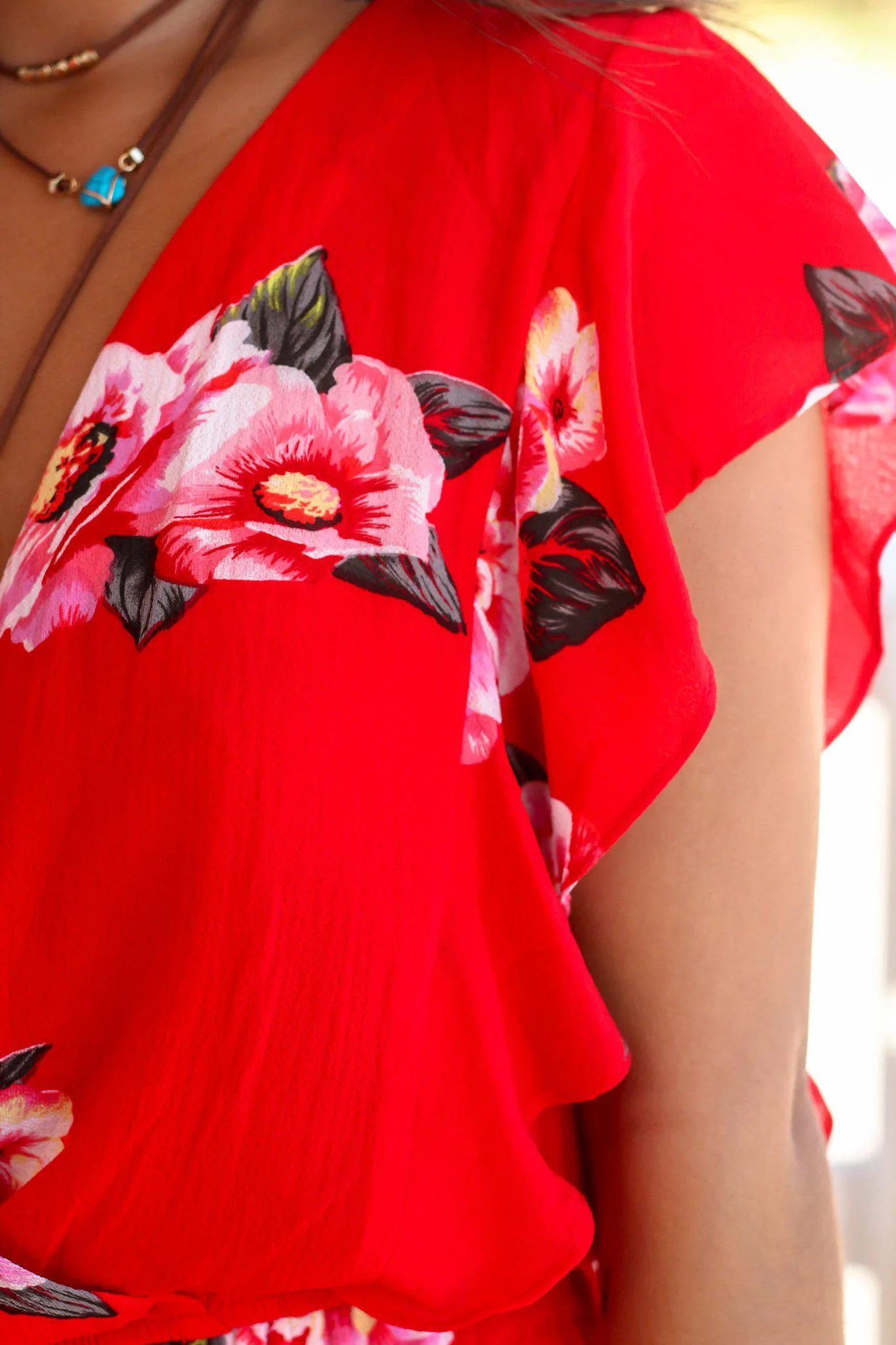 Red Ruffled Sleeve Floral Romper