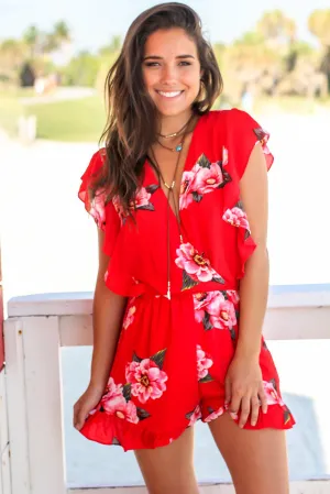Red Ruffled Sleeve Floral Romper