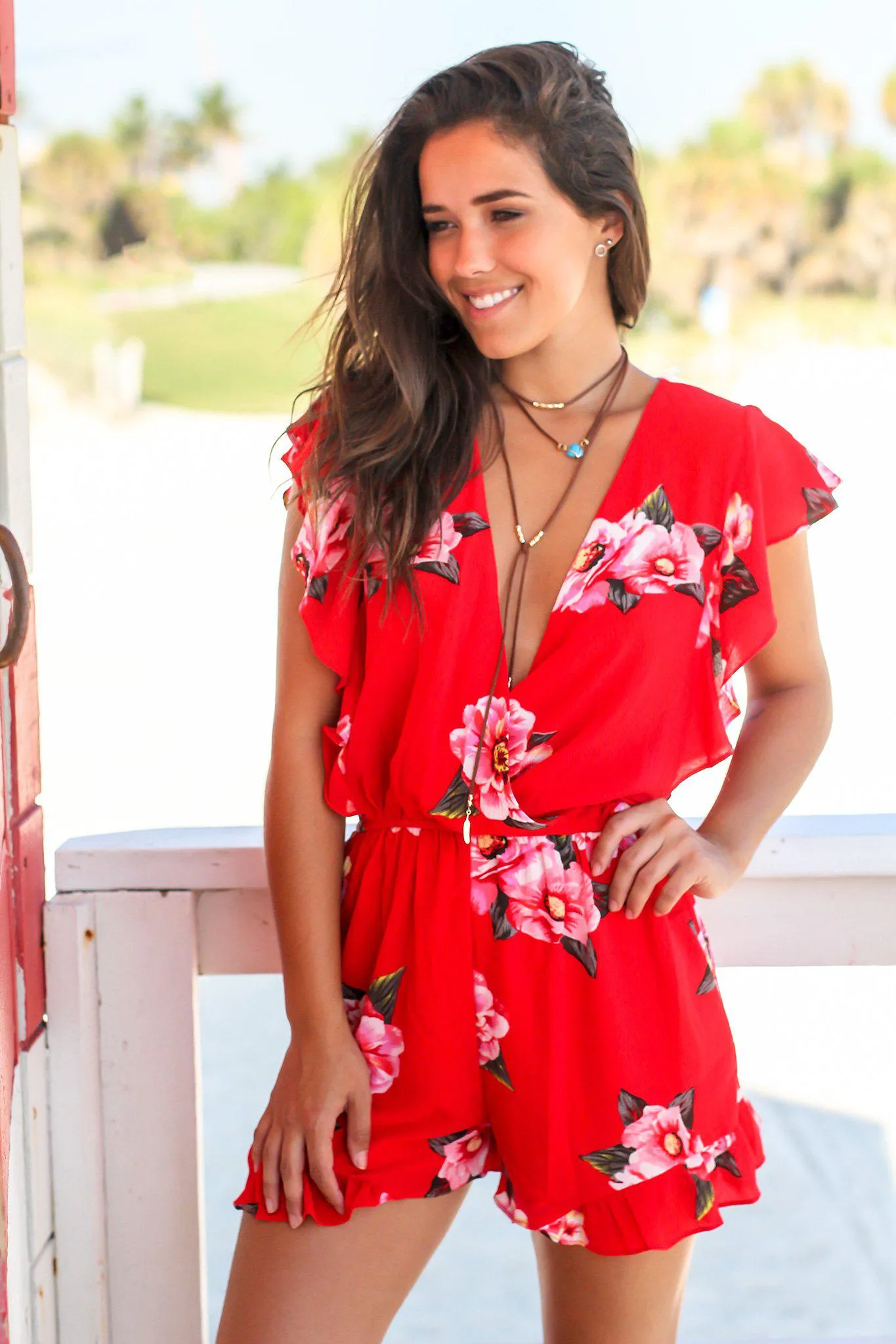 Red Ruffled Sleeve Floral Romper